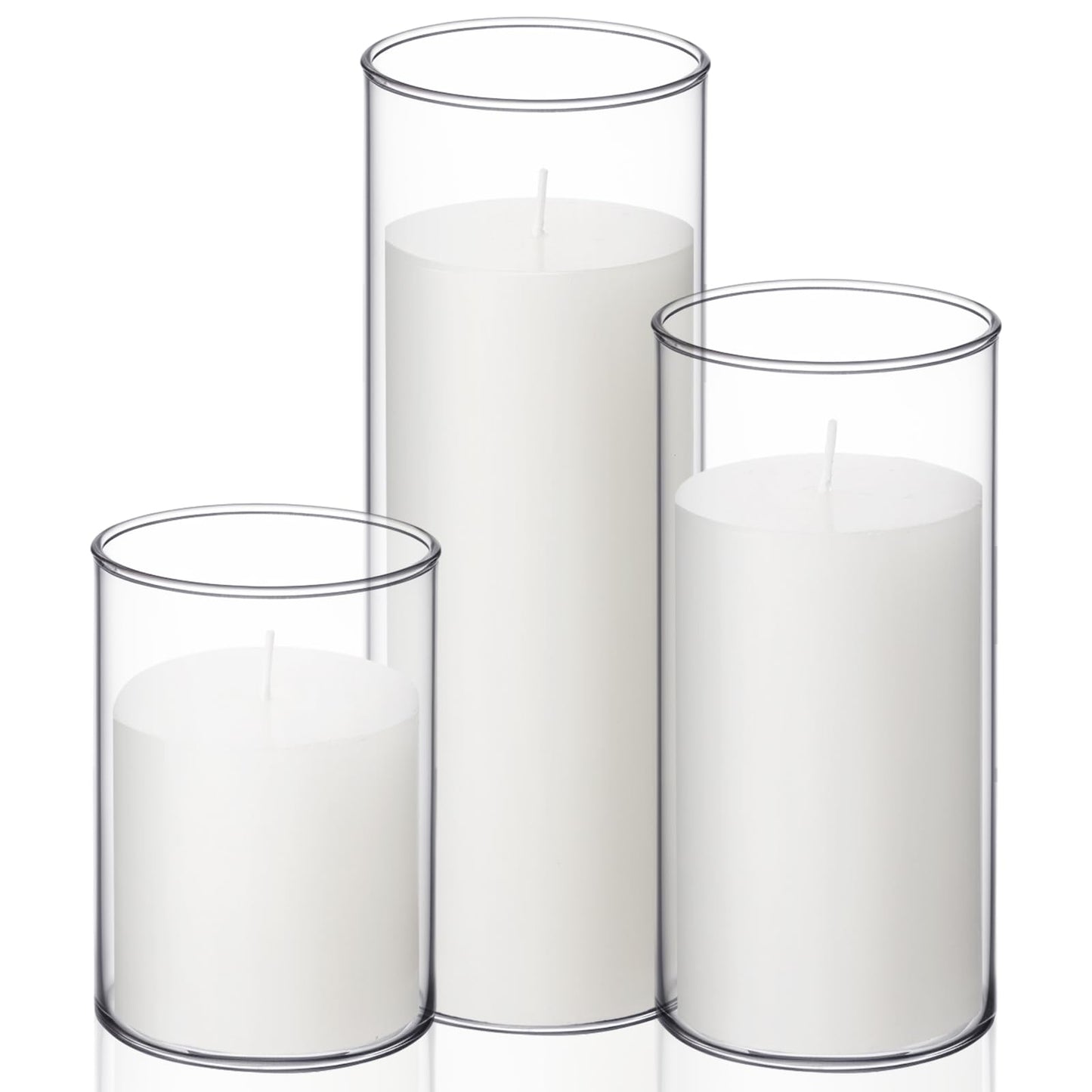 Shihanee Set of 3 Pillar Candles and 3 Glass Cylinder Candle Vases Holders Clear Pillar Jars for Wedding Centerpieces(3'' x 5.9'', 7.9'', 9.8'',White)