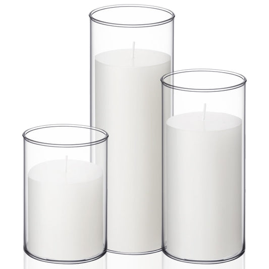 Shihanee Set of 3 Pillar Candles and 3 Glass Cylinder Candle Vases Holders Clear Pillar Jars for Wedding Centerpieces(3'' x 5.9'', 7.9'', 9.8'',White)
