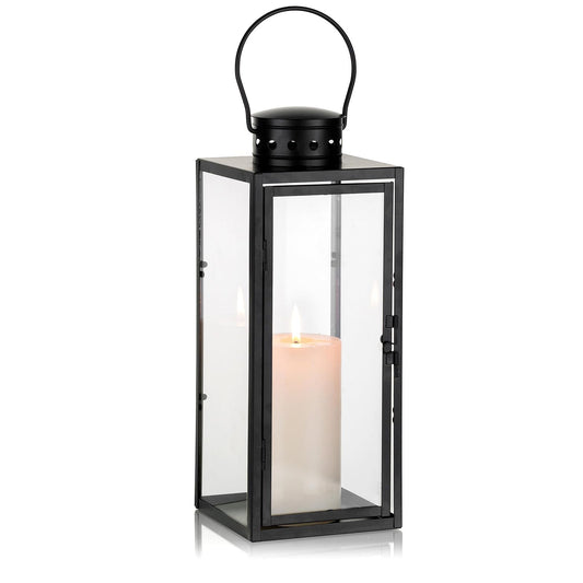 NUPTIO Large Lanterns Decorative Indoor: 13.8 inch Tall Metal Floor Lantern with Glass Panel Vintage Hanging Candles Holder for Christmas Holiday Home Fireplace Tabletop Decoration