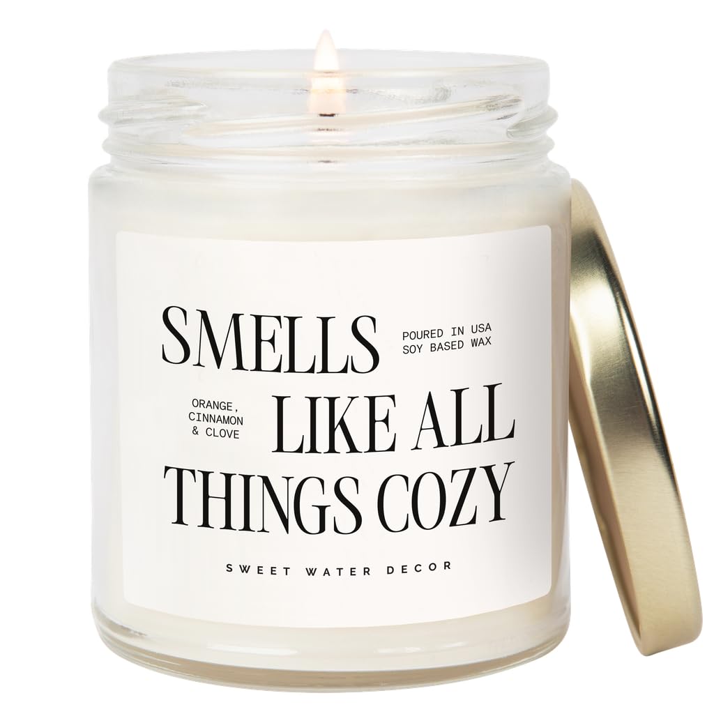 Sweet Water Decor Smells Like All Things Cozy Candle, Orange Cinnamon Ginger Clove Scent, 9oz Soy Candle with Gold Lid, Non-Toxic, Fall & Winter Christmas & Housewarming Gift, 40+ Burn Time