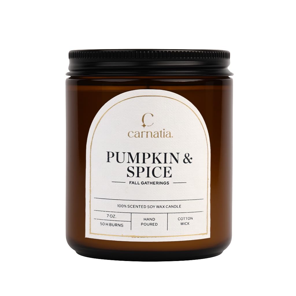 Carnatia Pumpkin & Spice Scented Candle – 7 oz | 100% Soy Wax with Cotton Wick | 50 Hour Burn | Aromatherapy Candle for Home, Cozy Fall Ambience & Relaxation | Gift for Women & Men