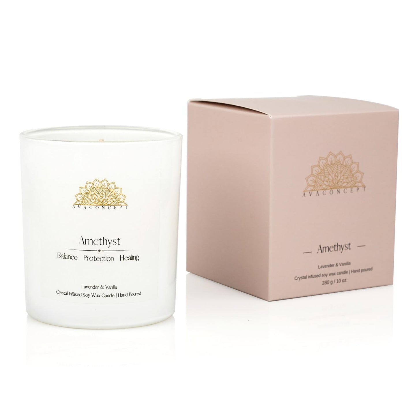 AvaConcept Amethyst Crystal Candle – 10oz / 280g | Lavender & Vanilla Aromatherapy | Hand-Poured Soy Wax | Genuine Healing Crystals Embedded | Balance, Protection & Healing | Pink Gift Box Included