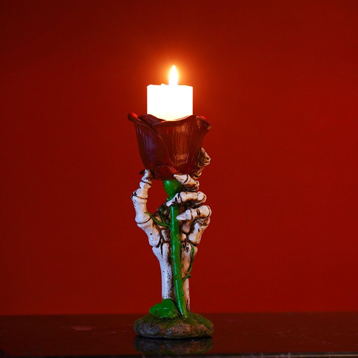 Halloween Skull Rose Candle Holder, Skeleton Creepy Candelabra for Candlesticks (Rose Hand)