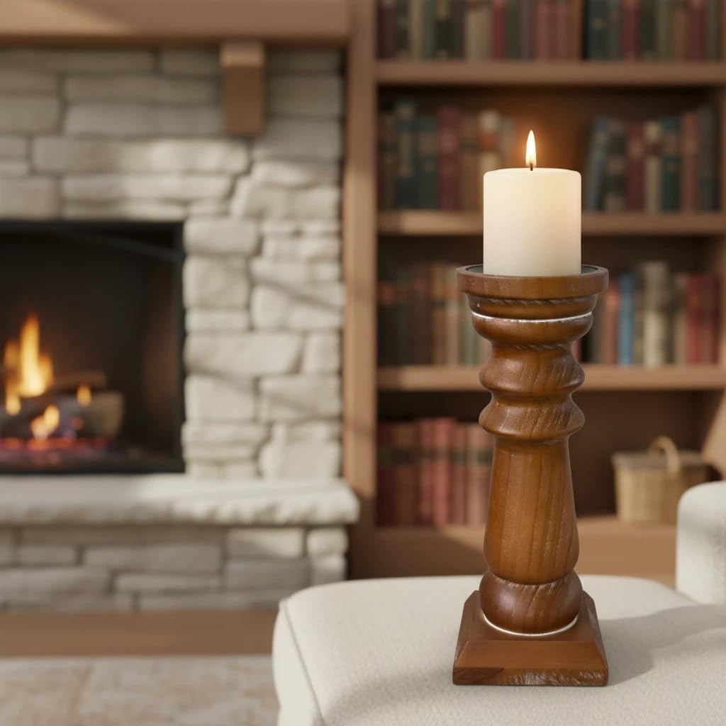 Wood Pillar Candle Holders 14 Inch Tall, Handmade Antique Brown Farmhouse Candle Holders for Pillar Candles, Natural Decorative Candlestick Holders, Rustic Candle Holder for Table Centerpiece