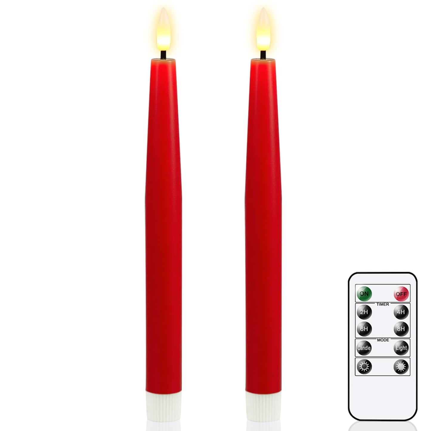 GenSwin Flameless Taper Candles, Set of 2 Red LED Taper Candles Battery Operated with Remote Timer, Real Wax Flameless Candlesticks with 3D Flame for Home Wedding Party Holiday Decor (0.78” x 9.65”)