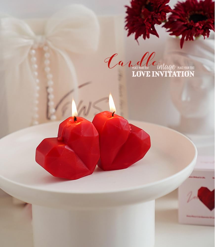2 Pcs Valentine's Day Heart Candles- Red Love Heart Shape Scented Candles- Handmade Aromatherapy Candles for Valentine's Day, Wedding, Anniversary, Birthday, Home Decor
