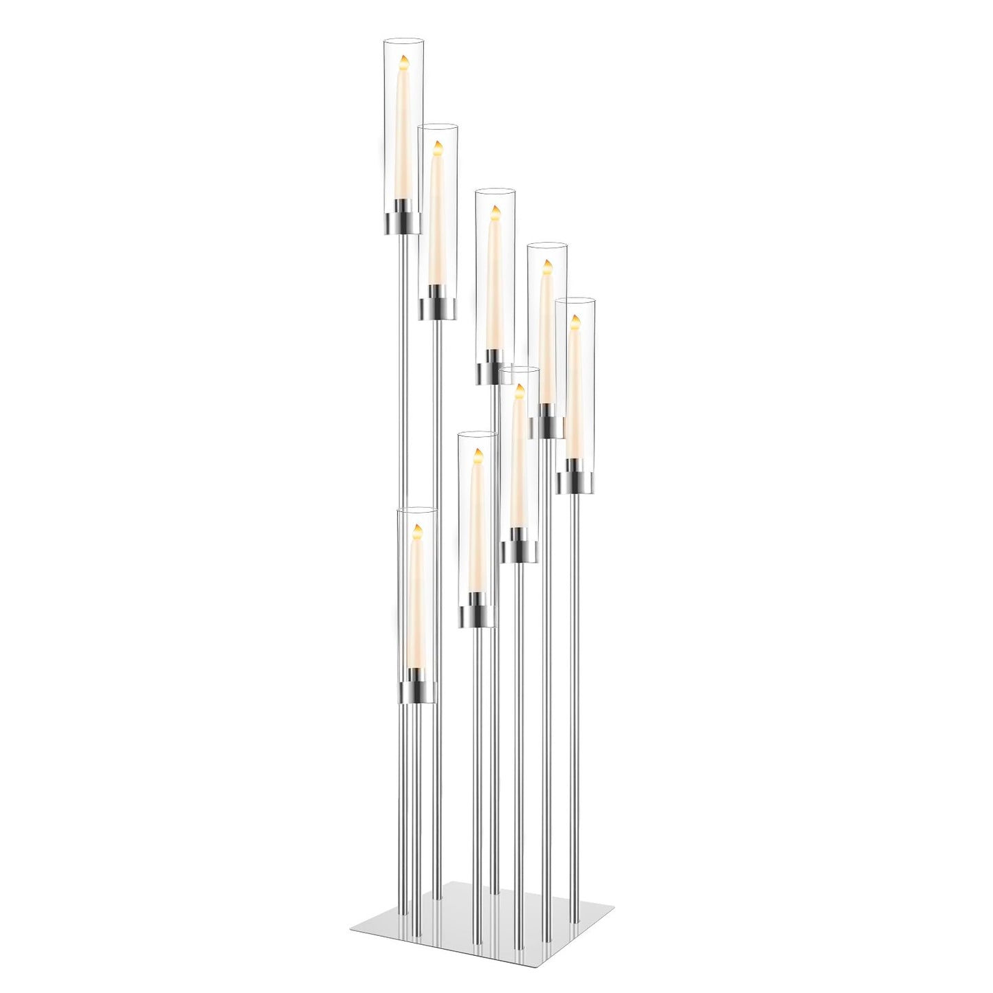 Floor Candelabra Wedding Centerpiece, 45.3'' Tall Floor Candle Holder Set, 8-arm Silver Metal Candlestick Holders with Acrylic Shades, LED Taper Candle Holder Stand for Party Wedding Home Decor