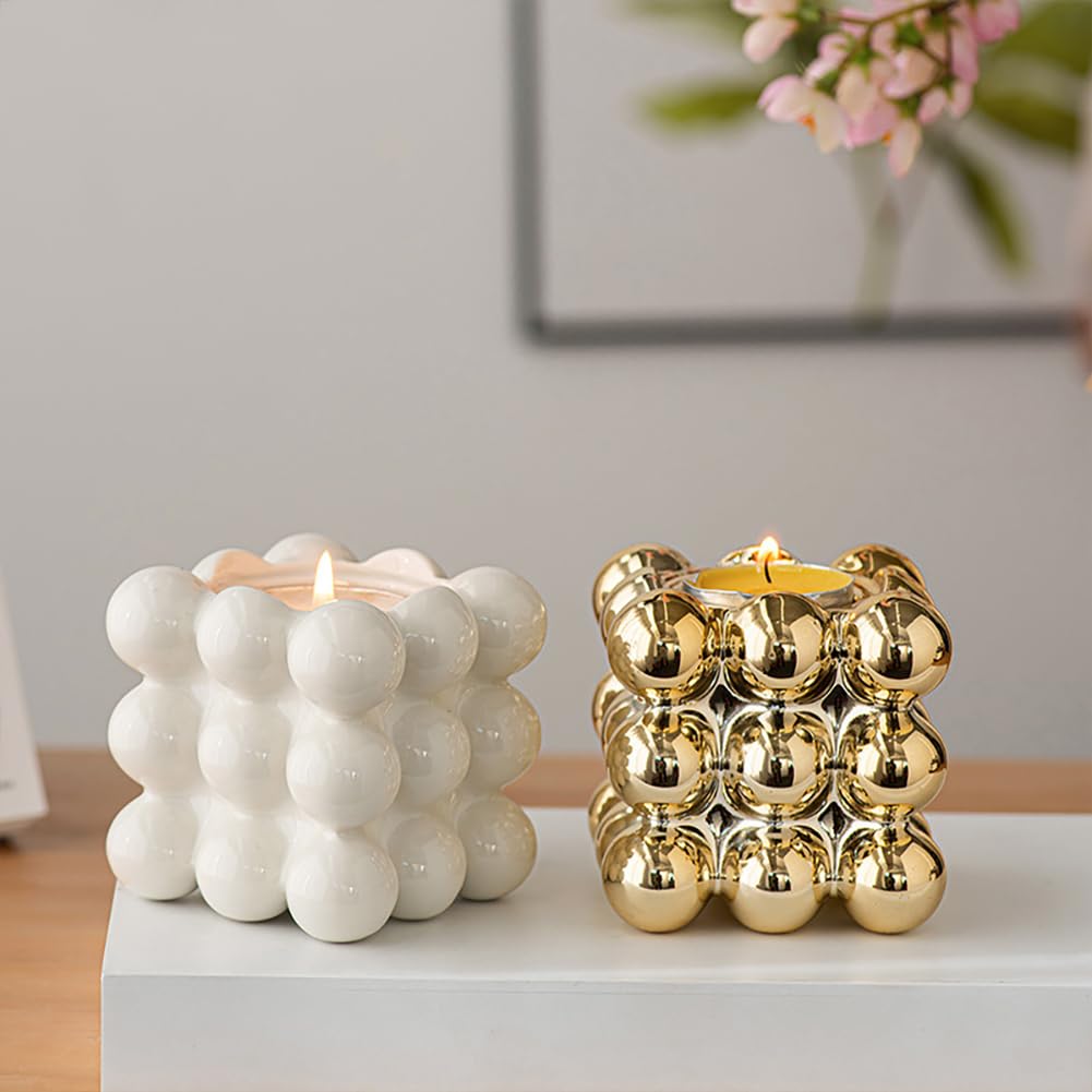 Ceramic Cube Golden Candle Holder Handheld Candlestick Holders Decorative Candle Stand Middle East Arabian Festival Candlestick Dining Table Party Home Decoration Ornament (White)