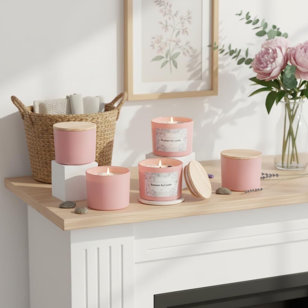 REISEN 6Pcs Assorted Pink Candle Jars for Making Candles, 12oz Empty Candle Jars with Bamboo Lids,Labels and 100g Crystal Rocks, Glass Jars for Candle Making Supplies, Candle Containers for DIY Gifts