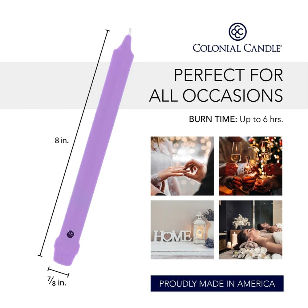 Colonial Candle Unscented Taper Candle, Classic Collection, Lilac, 8 in, Pack of 12 - Up to 6 Hours Burn