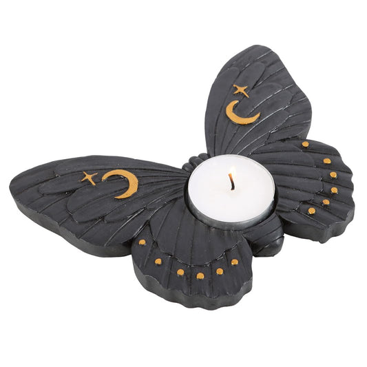 Gothic Metal Moth Tealight Candle Holder - Black Decorative Stand, Unique Centrepiece for Elegant Ambiance