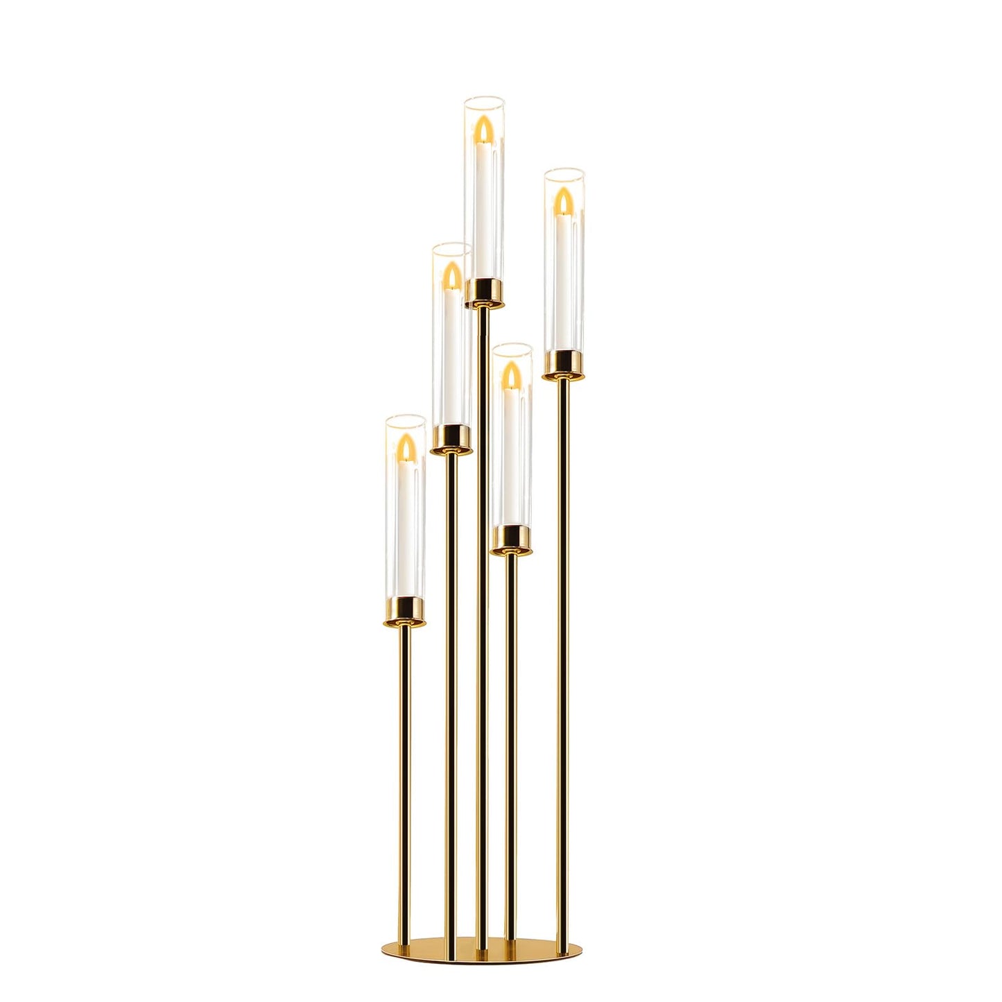 Gold 5-Arm Metal Cluster Taper Candelabra Candle Holders Includes Led Candles & Remote Control, Votive Pillar Candle Holders, Round Wedding Candelabra with Acrylic Shade (1, Gold, 41.3'' x 9.84'')
