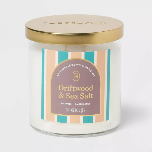 Threshold 2-Wick Lidded Glass Jar Candle (15.1oz, Driftwood and Sea Salt)