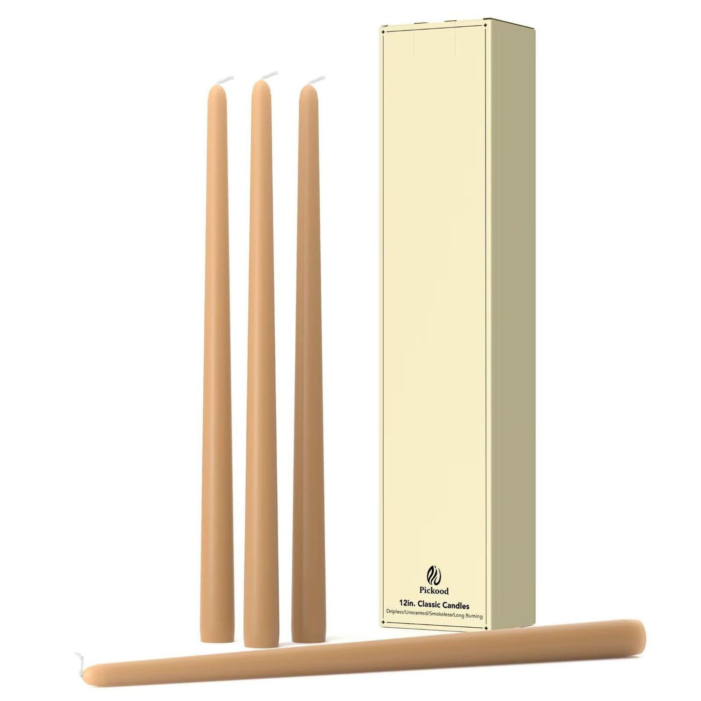 Pickood 12-Inch Tall Dripless Taper Candles Set of 4 - Beige Tapered Candles, Perfect for Christmas - Smokeless, Unscented, Long Burning - Hand Poured, Colored Tall Candlesticks - Beige