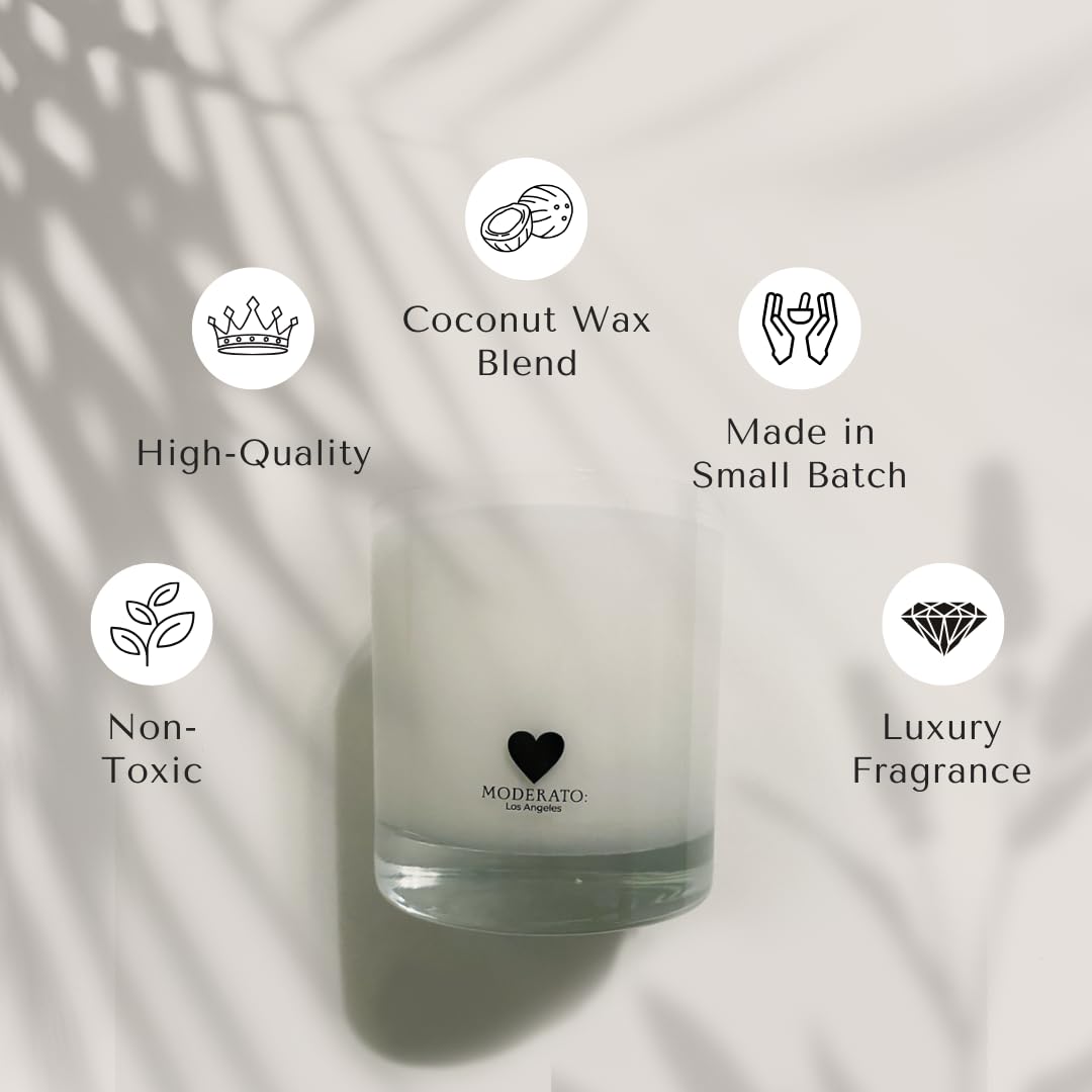 MODERATO Los Angeles No.07 VANILÉ – Luxury Madagascar Vanilla Scented Coconut Wax Candle, Creamy & Sophisticated, Citrus, Crystal Clear Glass Vessel, 50 Hour Burn, Candle Gift, Made in USA 8.5oz