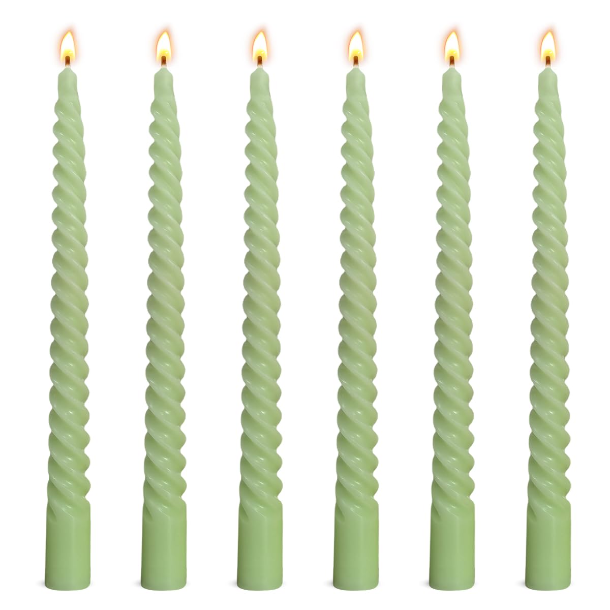 6 Pack 10 Inch Sage-Green Spiral Taper Candles for Christmas and Spring Home Decoration, Unscented Dripless Twisted Candlesticks for Dinner St. Patrick's Day Earth Day and Garden Parties