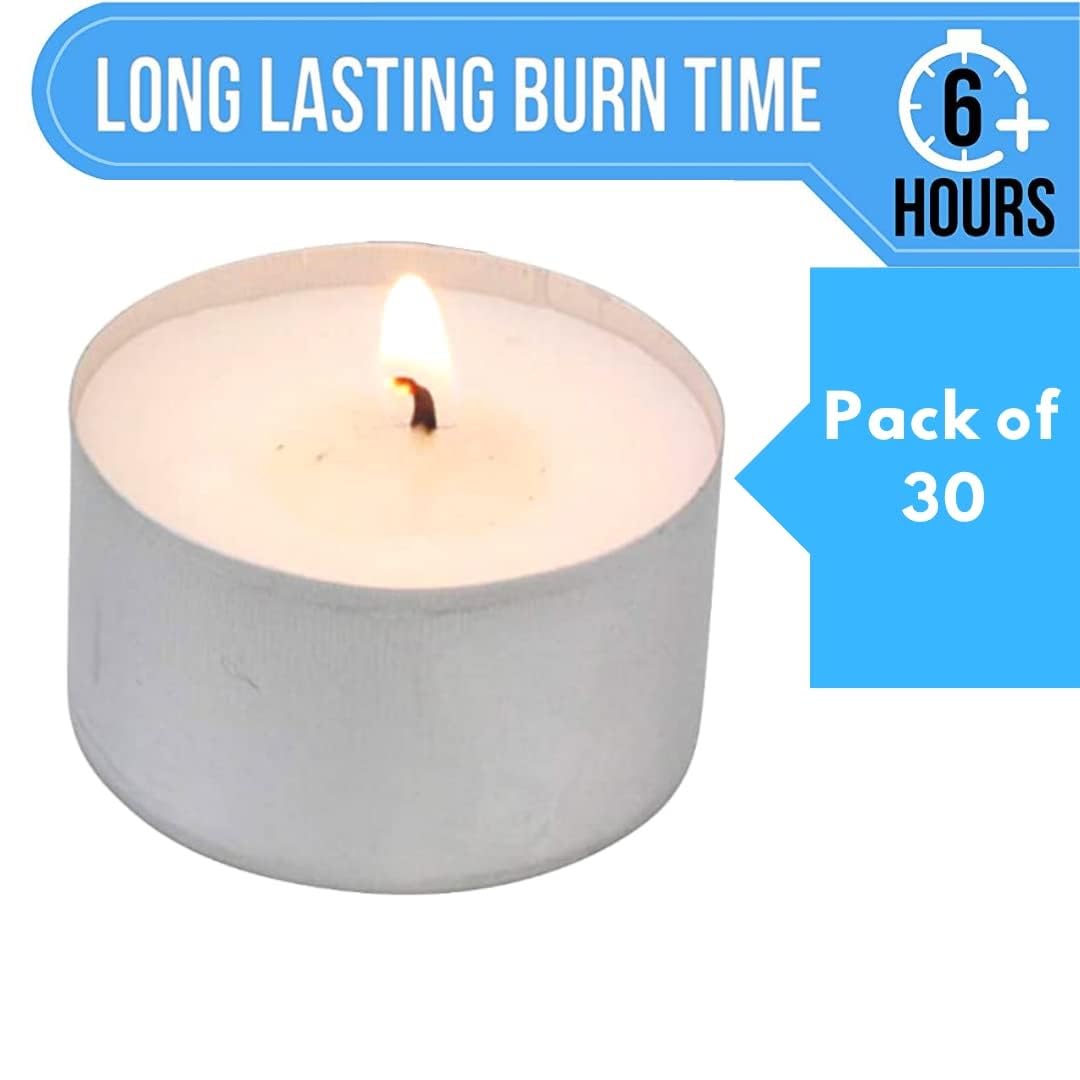 Long Burning Tea Light Candles, 30 Count, 22 Gram Each, 5-6 Hours Burn Time