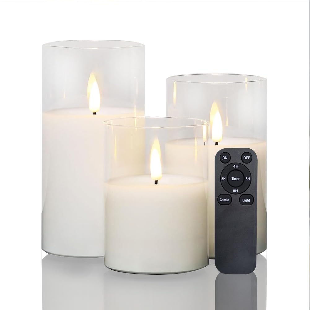 CANDLE CHOICE Real Wax Battery Operated Flameless Pillar Candles with Remote Timer Clear Glass Shell Realistic Black Wick Flickering Electric LED Lights Wedding Halloween Christmas Decorations 3 Pack