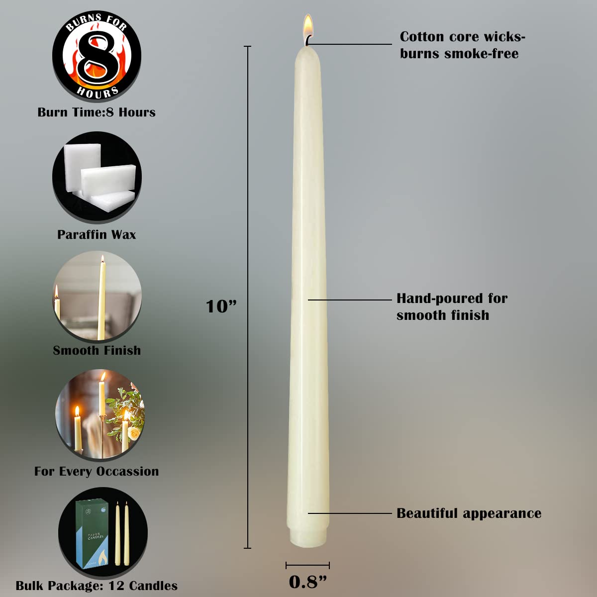 NIKY 10 inch Ivory Taper Candles for Christmas, Set of 20 Unscented Dripless Candlesticks - 8 Hours Long Burning for Home Decor, Wedding, Parties and Special Occasions