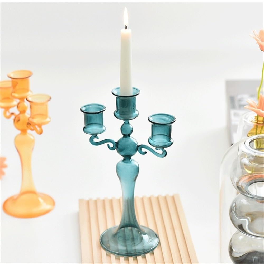 Candlestick Holders Creative Glass Candlestick Colorful Three-Head Candlestick Home Decoration Wedding Shooting Props Candle Holders(Blue)