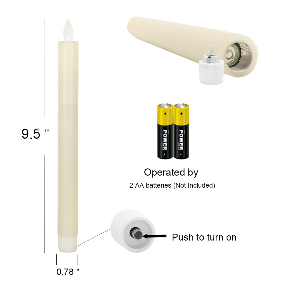 Wondise Flickering Flameless Candles with Remote and Timer, Battery Operated 9 Inch Real Wax Ivory LED Taper Window Candles for Home Decoration, Set of 2(D0.78 x H9.5 Inches)