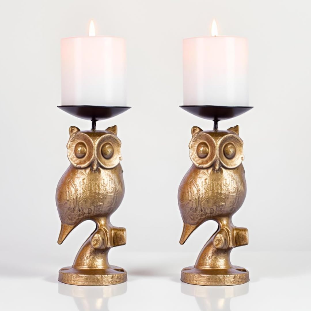 Gold Owl Candle Holder Set of 2 – Decorative Taper & Small Pillar Candlestick Holders for Dining Table, Living Room & Home Décor
