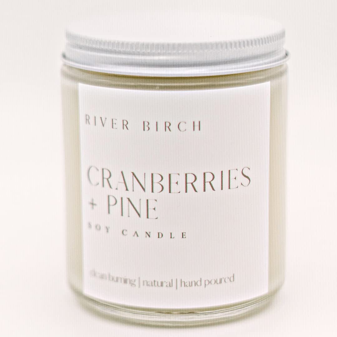 River Birch Candles Cranberries + Pine Scented Candle | Premium, All-Natural, Non-Toxic, Soy Candles | 8.5oz 40 Hr Burn Time | Cozy Relaxing Gifts for Home
