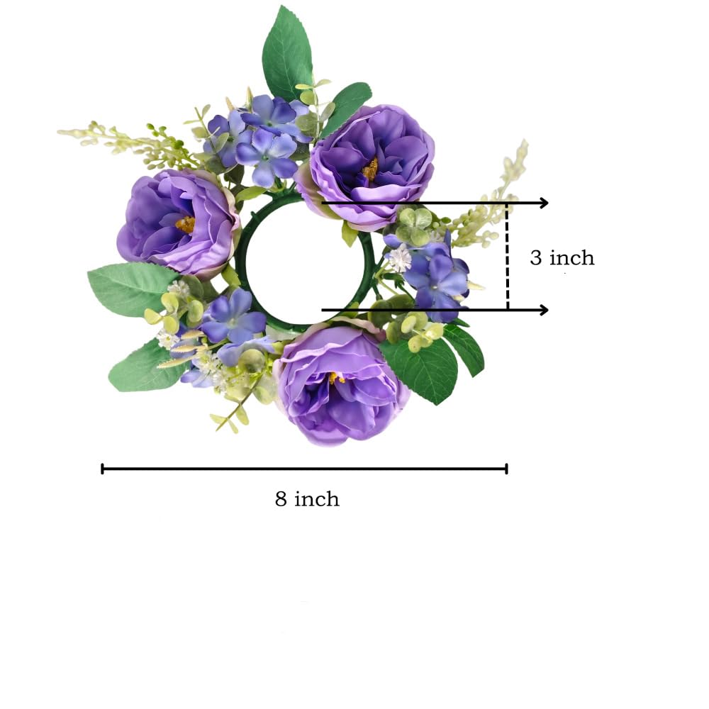 Set of 4 Artificial Rose Daisy Flowers Candle Rings Wreaths 3 Inch Center Green Eucalyptus 8" Floral Small Wreath for Pillars Spring Easter Wedding Party Home All Season Decor (Purple)