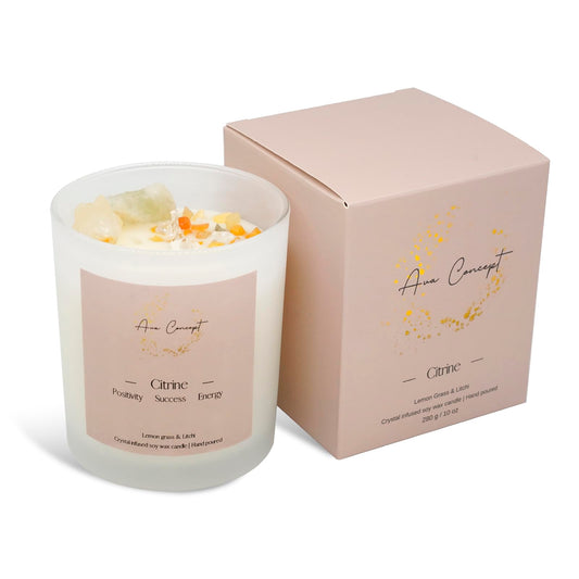 Ava Concept Citrine Crystal Candle – 10oz / 280g | Lemongrass & Litchi Aromatherapy | Hand-Poured Soy Wax | Genuine Citrine Healing Crystals Embedded | Positivity, Success & Energy | Gift Box Included