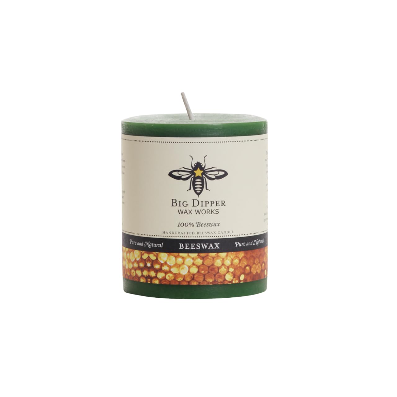 Big Dipper Wax Works Moss Green Pillar Candle, 60-Hour Long Burn, Pure Beeswax Candle, 3" x 3.5”