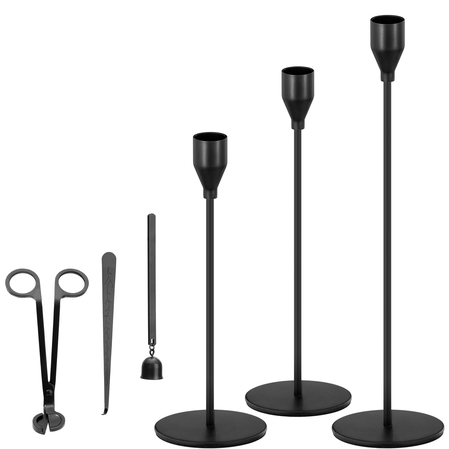 Black Taper Candle Holders, Candlestick Holders, Candle Holders with 3 in 1 Candle Accessory Set, Metal Candle Stand for Mantle Table Centerpiece, Weddings, Dining, Housewarming(Set of 6)
