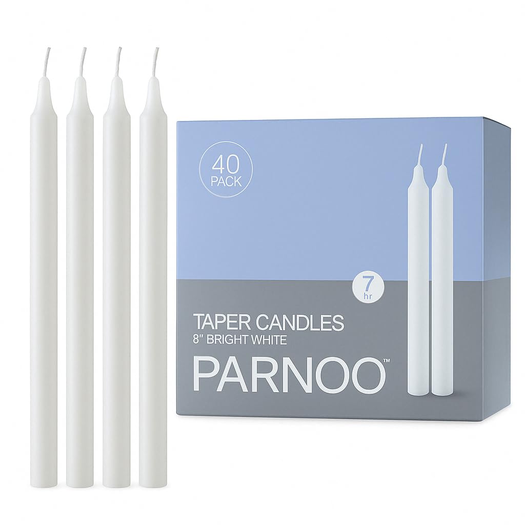 PARNOO 8" White Unscented Tapered Candles, 40 Pcs 7-Hour Long Burn Time, Dripless & No Soot - Hand-Dipped Tall Candles for Weddings, Dinners, Parties, & Special Occasions