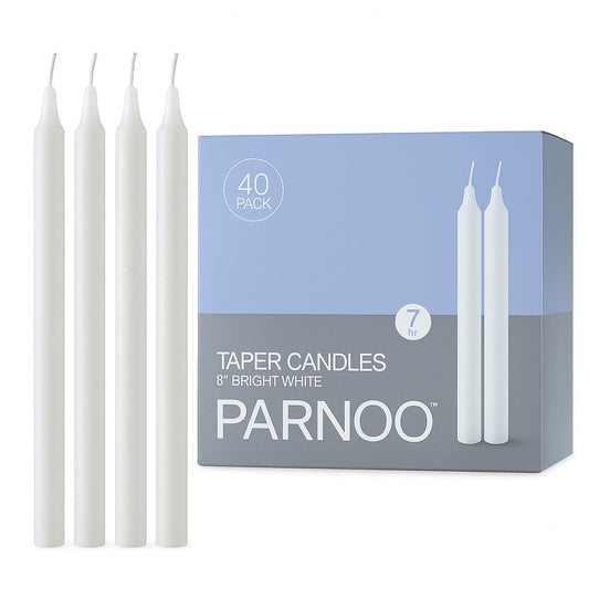 PARNOO 8" White Unscented Tapered Candles, 40 Pcs 7-Hour Long Burn Time, Dripless & No Soot - Hand-Dipped Tall Candles for Weddings, Dinners, Parties, & Special Occasions