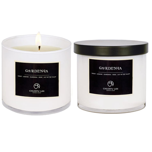 Chloefu LAN Gardenia Scented Candles - Highly Scented, 7.1oz|45 Hour Long Burning, Gifts for Women, 100% Natural Soy, Home Decor, White Glass Jar With Gift Box 2 Pack