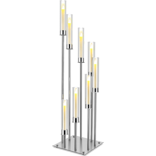 Dandat 41.5" Tall Floor Candelabras, 8-arm Cluster Standing Candle Holders with Clear Acrylic Shades, Silver Wedding Centerpiece Candelabra for Flameless/LED Taper Candles, Party & Event Decor(1 Pack)