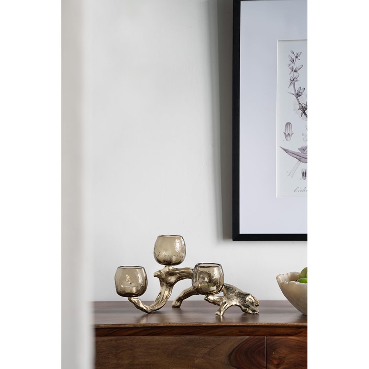 Modern Gold Multi Votive Candle Holder with Textured Glass Cups, Branch-Inspired Aluminum Candle Stand for Tabletop Dining Mantel Shelf Décor, 15.7 Inch