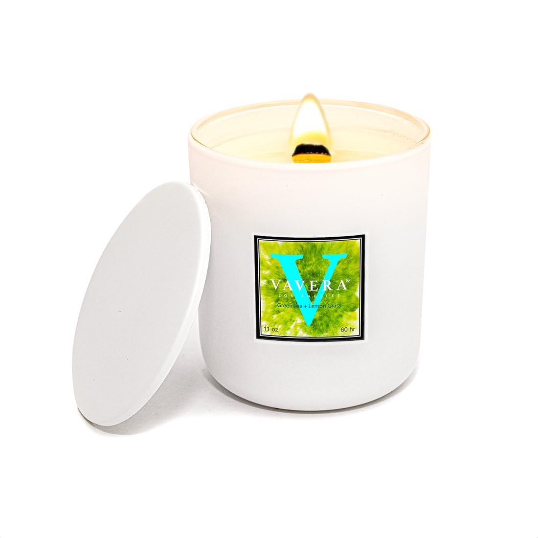 VAVERA Green Tea + Lemongrass Wood Wick Candles that Crackle, 11oz Matte White w/lid, an Amazing Spa Like Fragrance. Crossover Scent for Her or Him! Soy, Vegan, Non Toxic. Hand-Crafted in USA.