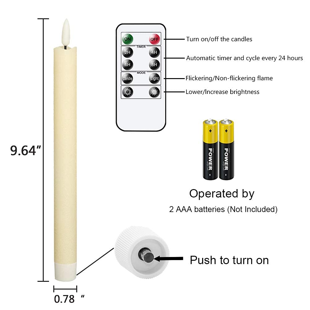 GenSwin Flameless Flickering Taper Candles with 2 Remote Controls and Timer, Real Wax 3D Wick Light Window Candles Battery Operated Pack of 8, Christmas Home Wedding Decor(Ivory, 0.78 X 9.64 Inch)