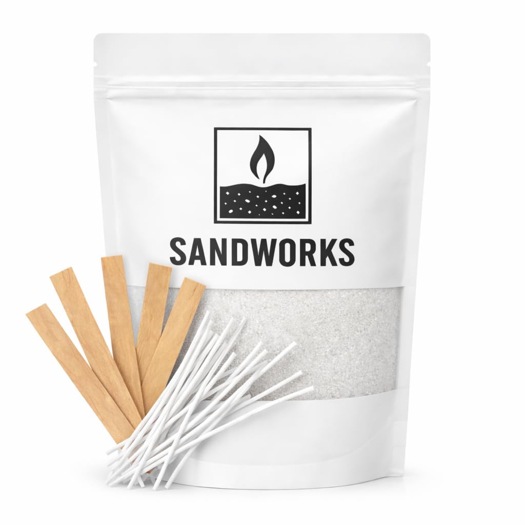 SANDWORKS Sand Wax Candle Making Kit – 5 Wooden Wicks & 15 Cotton Wicks, 500 g Premium Fragrance-Free Sand Wax (Moonstone White)