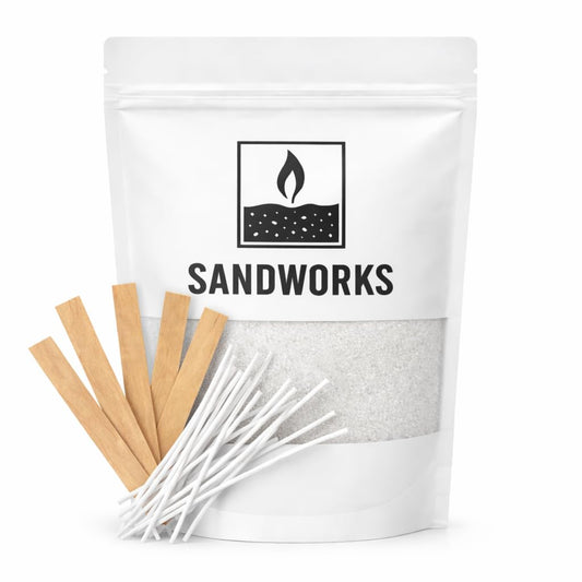 SANDWORKS Sand Wax Candle Making Kit – 5 Wooden Wicks & 15 Cotton Wicks, 500 g Premium Fragrance-Free Sand Wax (Moonstone White)