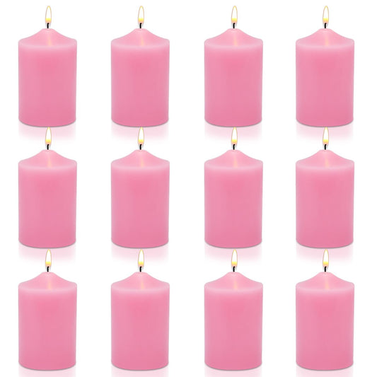 12 Pack 2x3 Inch Pink Pillar Candles, Unscented Column Candles for Home Restaurants Spa Church Weddings, Smokeless Dripless and Clean Burning Emergency Candle