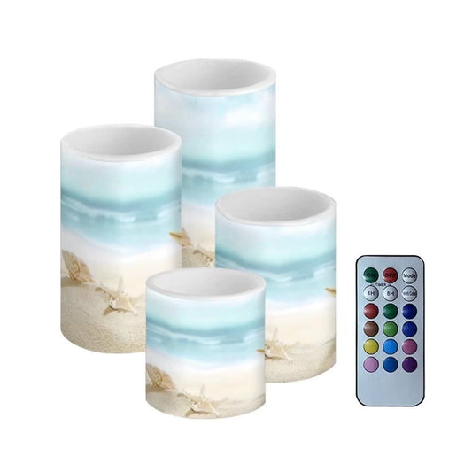 NETILGEN Beach Starfish Seashell Flameless LED Battery Candles 4 Pieces Pillar Fake Candles with Colored Light 4H 8H Timer Remote for Wedding Beach Party Coastal Room Decor