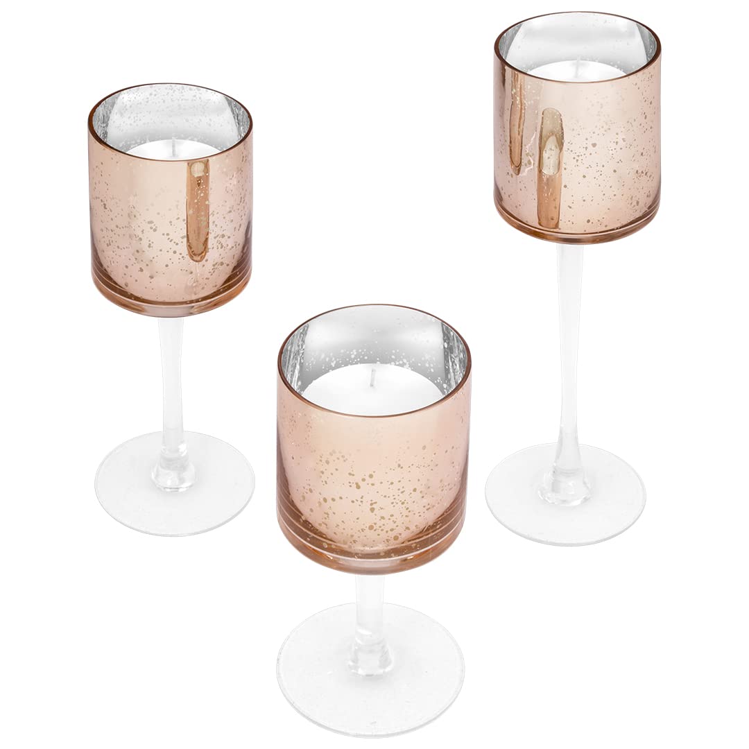 Koyal Wholesale Rose Gold Candle Holder Set of 3, Long Stem Candle Holders, Rose Gold Glass Floating Candle Holders, Tall Gold Tea Light Holders for Table Centerpiece, Tall Tealight Candle