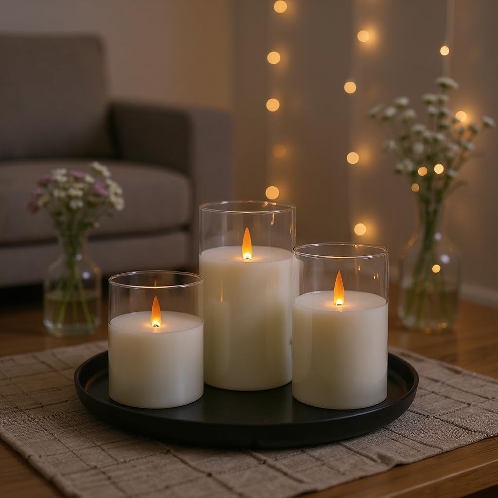 NICEME Clear Glass Flameless Candles Battery Operated with Remote Timer, Real Wax LED Pillar Candles with Flickering Flame Pure White Radiance Evanescing Fake Candles for Wedding Home Decor, Set of 3