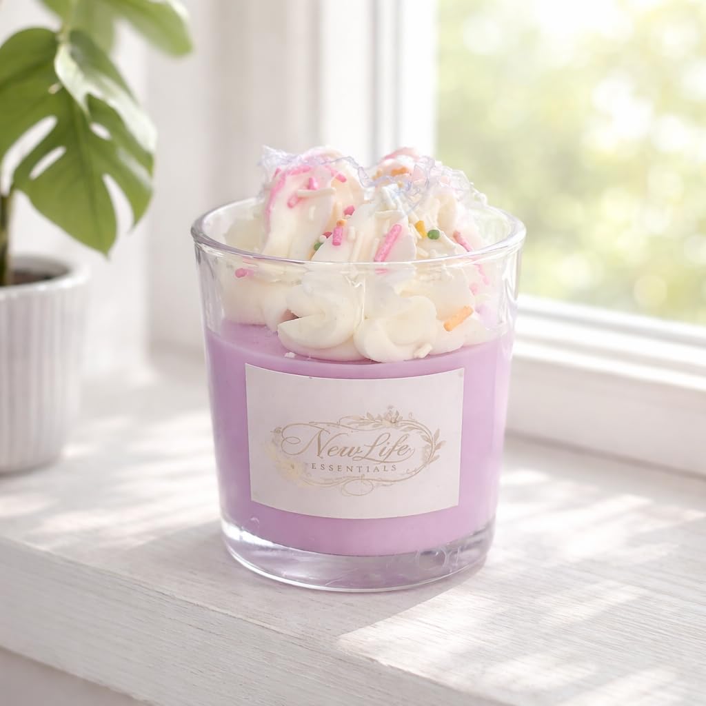 NewLife Essentials Scented Candle, Lavender, Handmade, Whipped Cream Topping with Sprinkles, Glass Jar, Premium