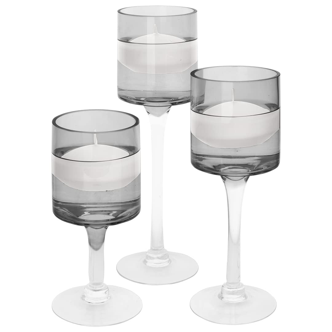 Koyal Wholesale 3Pcs Smoke Black Floating Candle Holder, Long Stem Candle Holders Set of 3, Black Tea Light Floating Candle Holder Centerpiece, Glass Stem Pillar Candle Holders Home Decor
