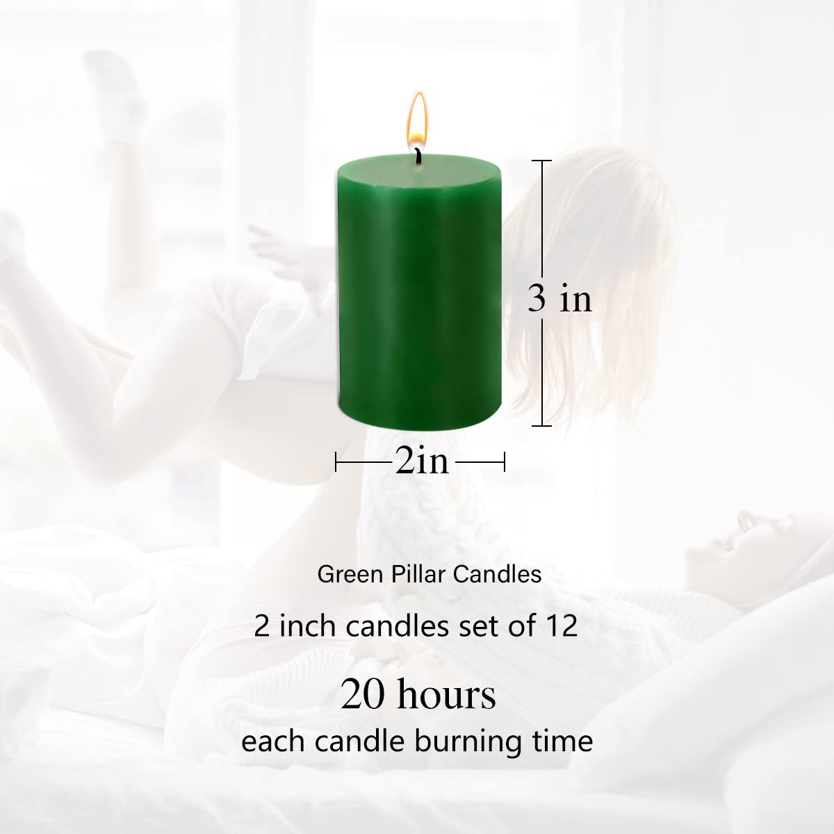 2x3 Green Pillar Candles, Set of 12, Holiday Candles, Unscented for Christmas, Home Decor