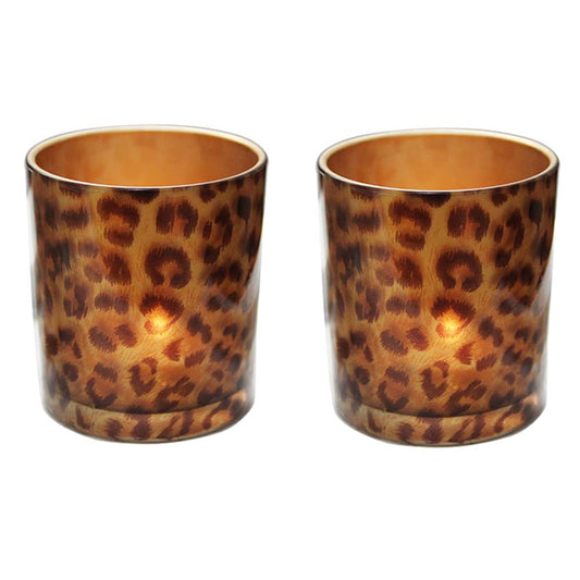 2 Glass Tealight Holder Votive Candle Holder Cups for Christmas Valentines Day Decoration Leopard Print Cheetah Tea Light Candle Holders for Home Decor Table Décor, Women Bedroom Tea Light Holder