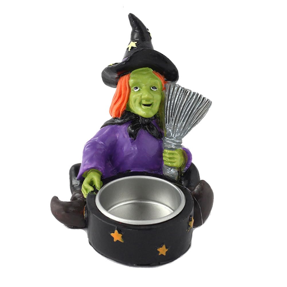 Halloween Candle Holder Spooky Witch with Broom Tealight Candle Holder Scary Halloween Decorations - Skeleton Skull Candle Holder for Bedroom Living Room Mantel Shelf Tabletop Décor