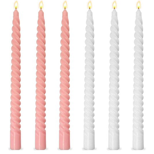 10 Inch 3 Pink and 3 White Spiral Taper Candle Set, Unscented Dripless Candlesticks for Wedding, Holiday Décor, and Festive Dinners